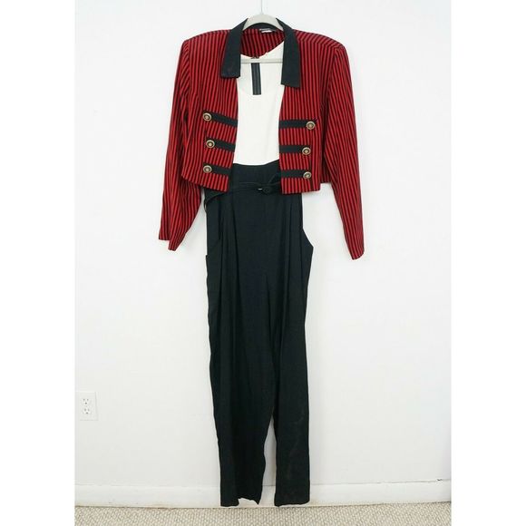 Vintage Pants - Vintage 80s Jumpsuit Jacket Set Stripe Belt